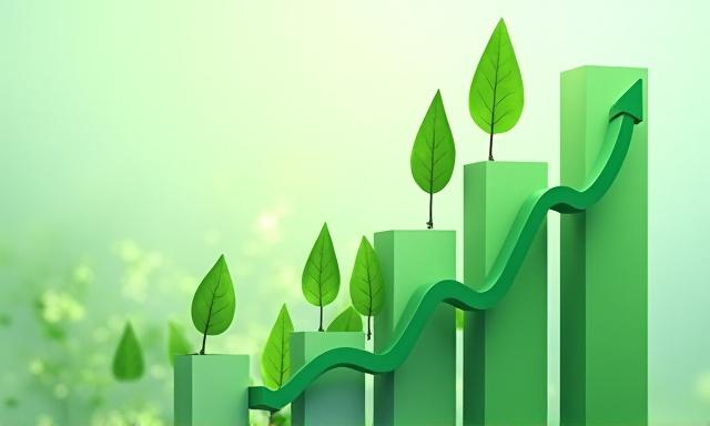 財務チャートと緑の葉を組み合わせた持続可能なファイナンスの概念画像